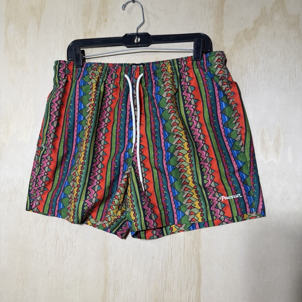 PacSun‎ Swim Trunks L Multicolor Tribal Pattern Beach Shorts Drawstring